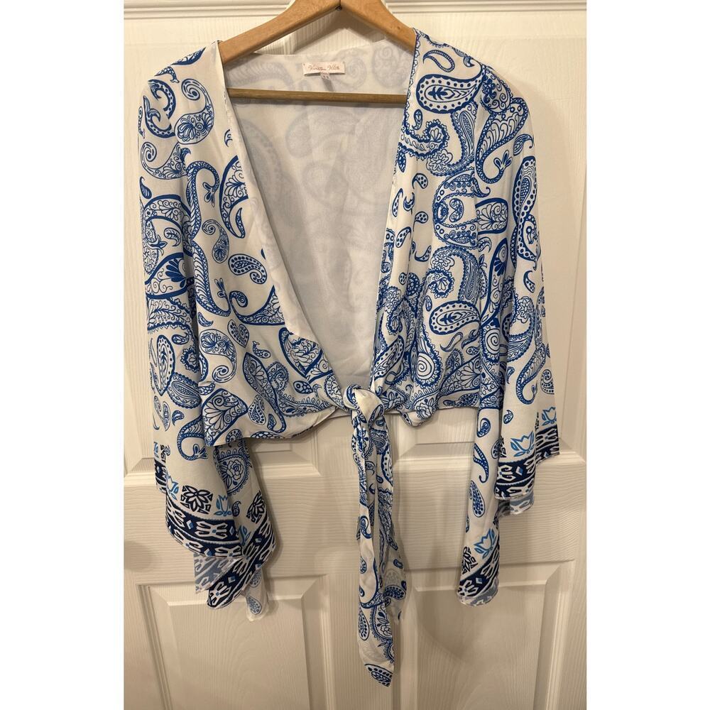 Winston White Paisley Boho Bell Sleeve Tie Front Cropped Blouse , S